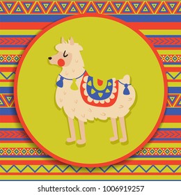 vector illustration of funny llama on patterned background