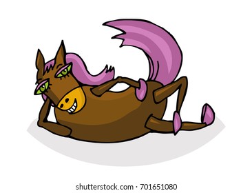 Vector illustration with funny lying Pony. Character. Print.
