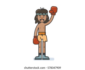 Vector illustration of funny man character with with a mustache boxing gloves, old school appearance, sport icons 