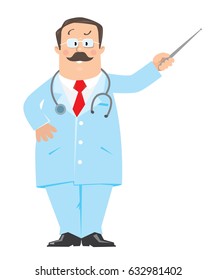 Vector illustration with with funny man doctor in white coat with stethoscope, showing by pointer.