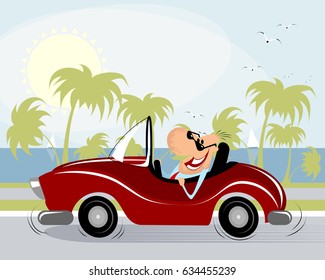 Vector illustration of a funny man driving
