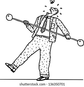 Vector illustration of a funny man lifting weights