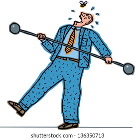 Vector illustration of a funny man lifting weights