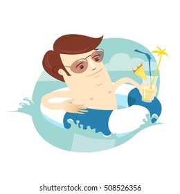 Vector illustration Funny man swimming in the sea with rubber ring and cocktail. Summer vacations at the sea. Flat style