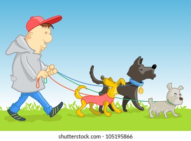 Vector Illustration: Funny Man Walking with 3 Funny Dogs. Cartoon Characters