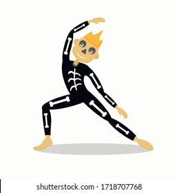 ilustración vectorial, hombre gracioso usando disfraz de halloween de esqueleto y haciendo yoga