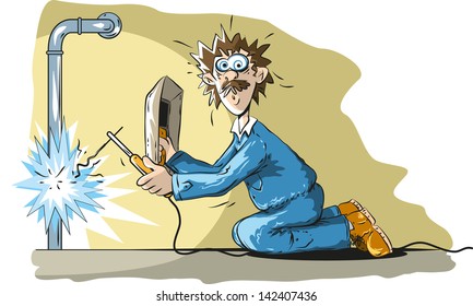 Vector illustration of a funny Master welder at his job.