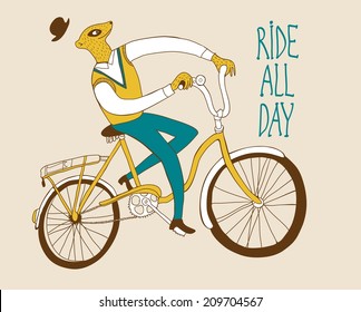 Vector illustration of funny meerkat riding a bicycle.