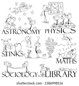 Vector illustration of funny men on the topic of education. Thematic drawings for flyers, banners in schools, universities, colleges.