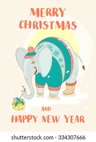 Vector illustration Funny Merry Christmas card with elephant wearing cute sweater and opening gift box. Hand drawn doodle style