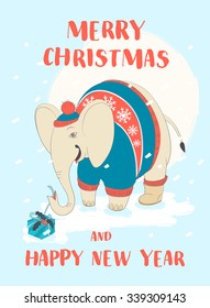 Vector illustration Funny Merry Christmas card with elephant wearing cute sweater and opening gift box. Hand drawn doodle style