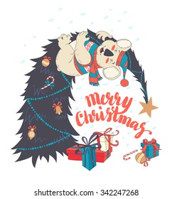 Vector illustration Funny Merry Christmas card with koala wearing cute sweater and hanging on decorated fir-tree. Hand drawn doodle style