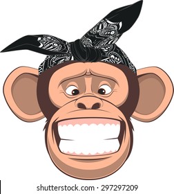 Vector illustration, funny monkey in bandana on white background