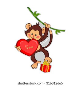 Vector illustration of funny monkey with a big heart and gift. A Declaration of love.