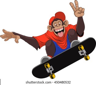 Vector Illustration Of Funny Monkey Chimp Rides A Board Skateboard