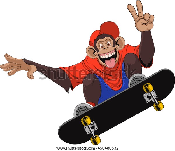 Vector illustration of funny monkey chimp rides a board skateboard