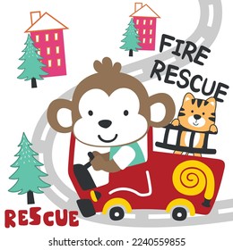 Ilustración vectorial del gracioso bombero de monos en un camión de bomberos. Fondo infantil vectorial creativo para tela, textil, papel tapiz de vivero, tarjeta, afiche y otra decoración