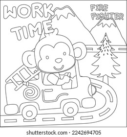 Vector illustration of funny monkey firefighter on fire truck. Creative vector Childish design for kids activity colouring book or page.