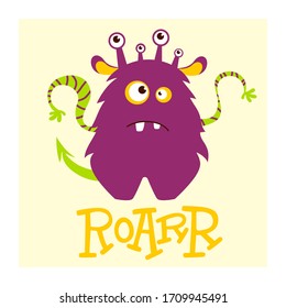 Vector illustration of funny monster. Fantasy  creature party card design. Cute monster face with teeth and eyes. 