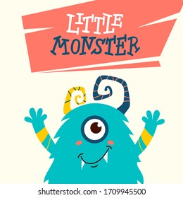 Imagen vectorial del monstruo gracioso. Diseño de la carta de criatura fantastica. Cara monstruo con dientes y ojos. 