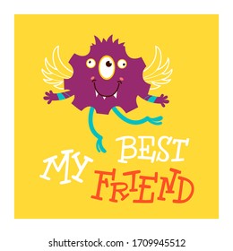 Vector illustration of funny monster. Fantasy  creature party card design. Cute monster face with teeth and eyes. 