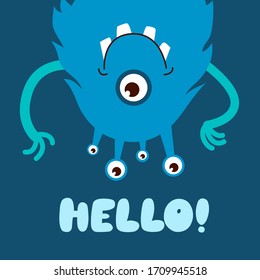 Vector illustration of funny monster. Fantasy  creature party card design. Cute monster face with teeth and eyes. 