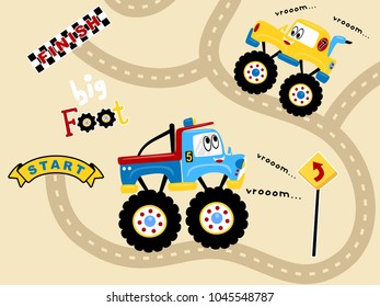 Vector illustration of funny monster truck racing cartoon