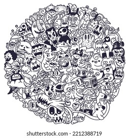 Vector illustration of Funny monsters circle shape pattern 