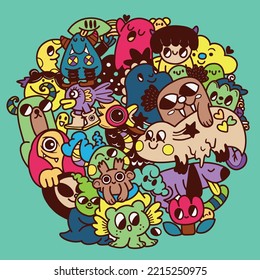 Vector illustration of Funny monsters circle shape pattern 