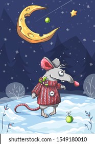 Vector illustration of a funny mouse in the snow under the moon. Bright image to create original video or web games, graphic design, screen savers.