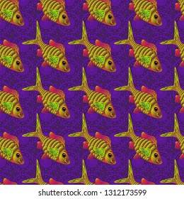Vector illustration. Funny multicolor background, marine texture in purple, brown and violet colors. Seamless vector pattern with cute decorative fishes.