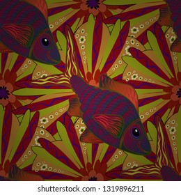 Vector illustration. Funny multicolor background, marine texture in red, yellow and purple colors. Seamless vector pattern with cute decorative fishes.