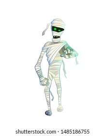 Vector illustration of a funny mummy for halloween. Vector image of a mummy in the moonlight isolated on a white background. Halloween Monster