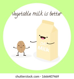 Ilustración vectorial con chispa divertida de avena y caja de cartón de leche vegetal. Plantilla para carteles, banner web y publicidad, impresión, volante, promoción de productos o para el embalaje de diseño, artículo.