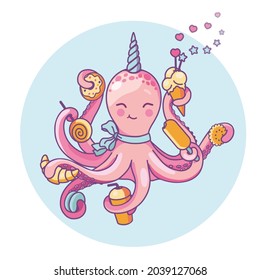 Vector illustration of a funny octopus with a horn and sweets.