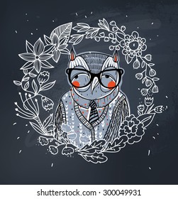 vector illustration of a funny old owl on a chalkboard background