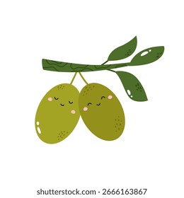 Vector Illustration of Funny Olive Characters in Cute Flat Style, Hanging on Branch, Playful Cartoon Fruit.
