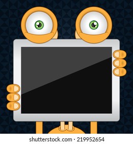 Vector illustration. Funny orange cartoon alien with black background and empty tablet computer. Closeup.