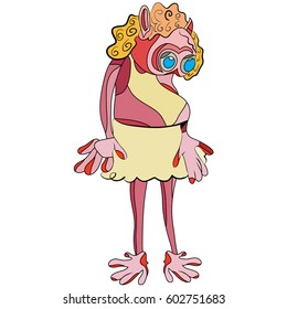 vector illustration of a funny, outlined, cartoon, female alien, isolated on white background