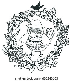 vector illustration of a funny owl and floral wreath. Can be used for coloring books.