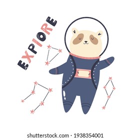 Ilustración vectorial de un divertido astronauta de oso panda, constelaciones y texto con letras EXPLORE. Perfecto para tarjetas de felicitación, artes murales, diseños para huellas de bebés.