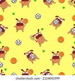 vector illustration of a funny pattern seamless pug dog athlete with a ball. tennis, basketball, football
