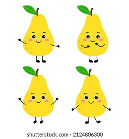 vector illustration of funny pear character with cute expression face, set of cartoon fruit isolated on white background, flat style