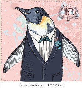 Vector Illustration of Funny Penguin dressed in Retro Style Isolated on textured background, vector illustration hand drawn