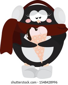 Vector illustration of funny penguin eating ice-cream in winter.
