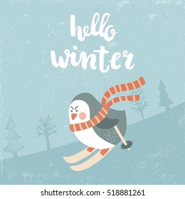 vector illustration of funny penguin skiing in the woods and Hello winter lettering text