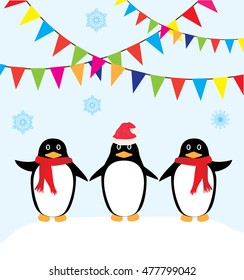 vector illustration of funny penguins Christmas card