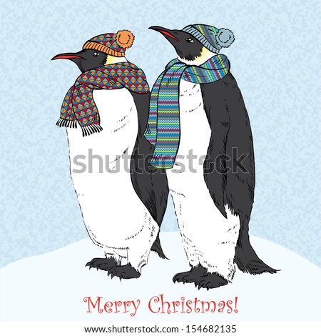 Vector Illustration of Funny Penguins in Knitted Scarfs and Hats, Greeting card