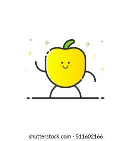 Vector illustration of funny pepper character cartoon isolated in line style. Linear yellow cute vegetable icon with face smile. Flat design for banner web page and mobile app Outline vegan expression