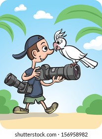 Vector illustration of Funny Photographer and Curious Parrot. Easy-edit layered vector EPS10 file scalable to any size without quality loss. High resolution raster JPG file is included.